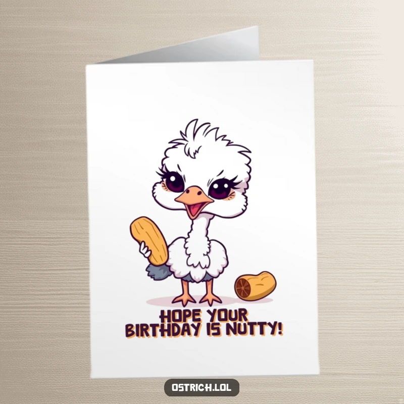 Funny Free Printable Birthday Card showing a mischievous ostrich sneakily trying to grab a peanut, full of playful naughtiness.