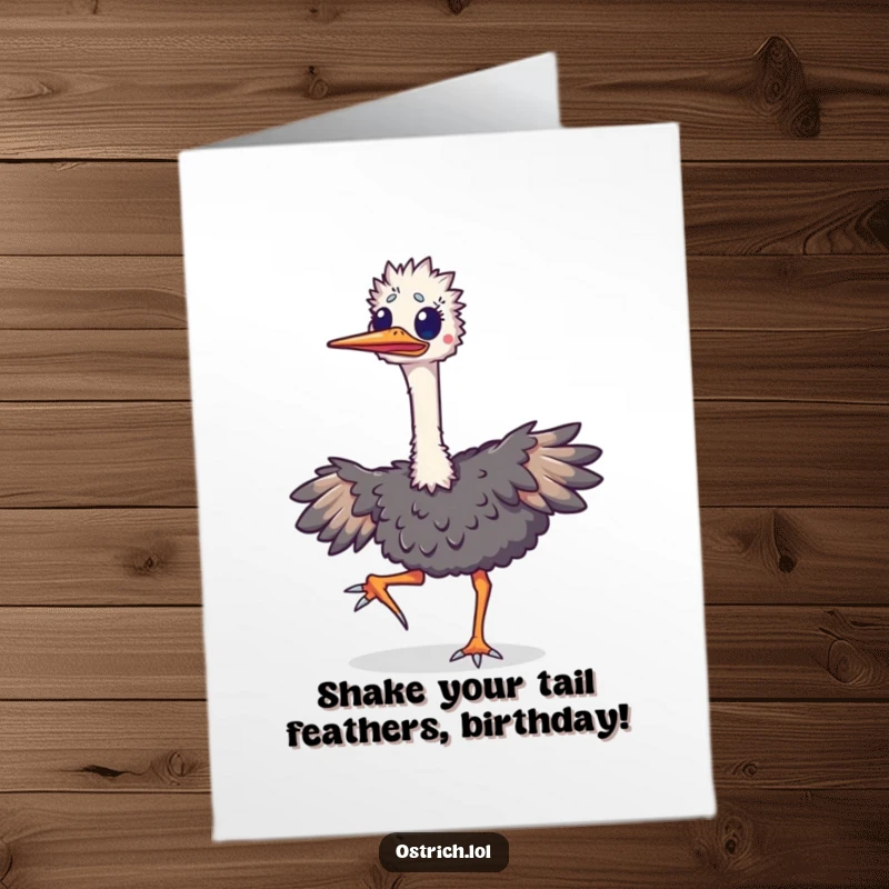 Funny Free Printable Birthday Card: An ecstatic ostrich performs a happy jig, neck extended in sheer delight.