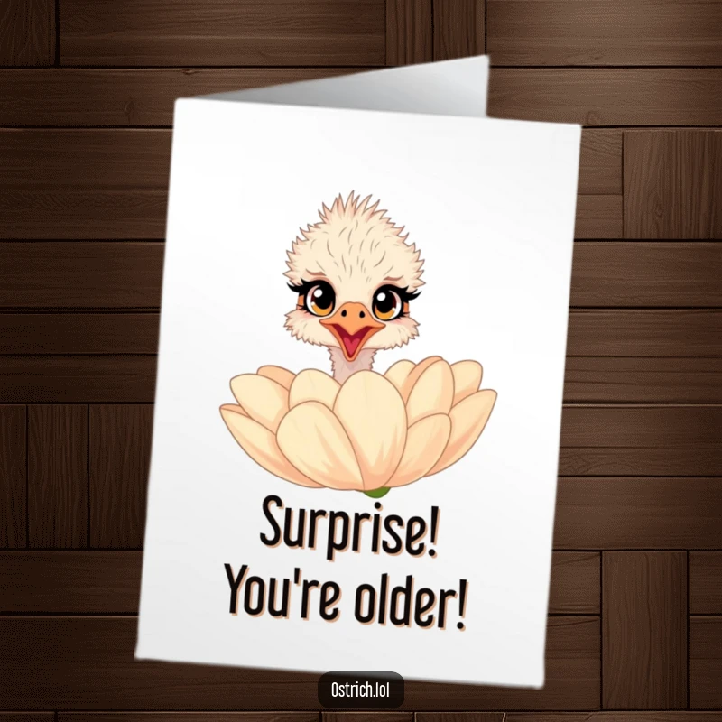 Free Printable Birthday Card: A surprised ostrich with wide eyes peeks over a giant flower, adding a fun birthday surprise.