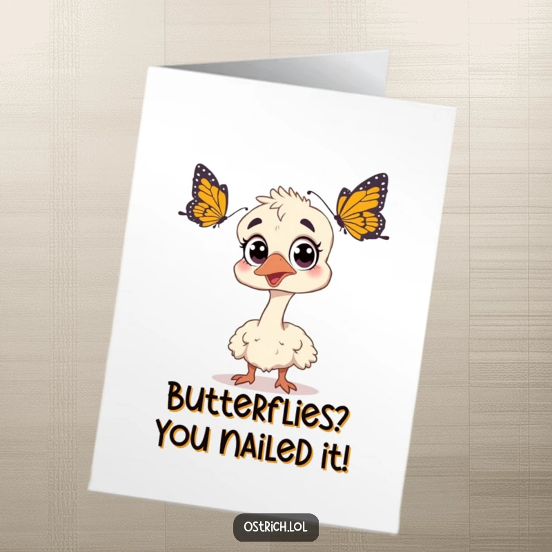 Funny Free Printable Congrats Card: Wide-eyed ostrich comically startled by a butterfly, perfect for surprising news.