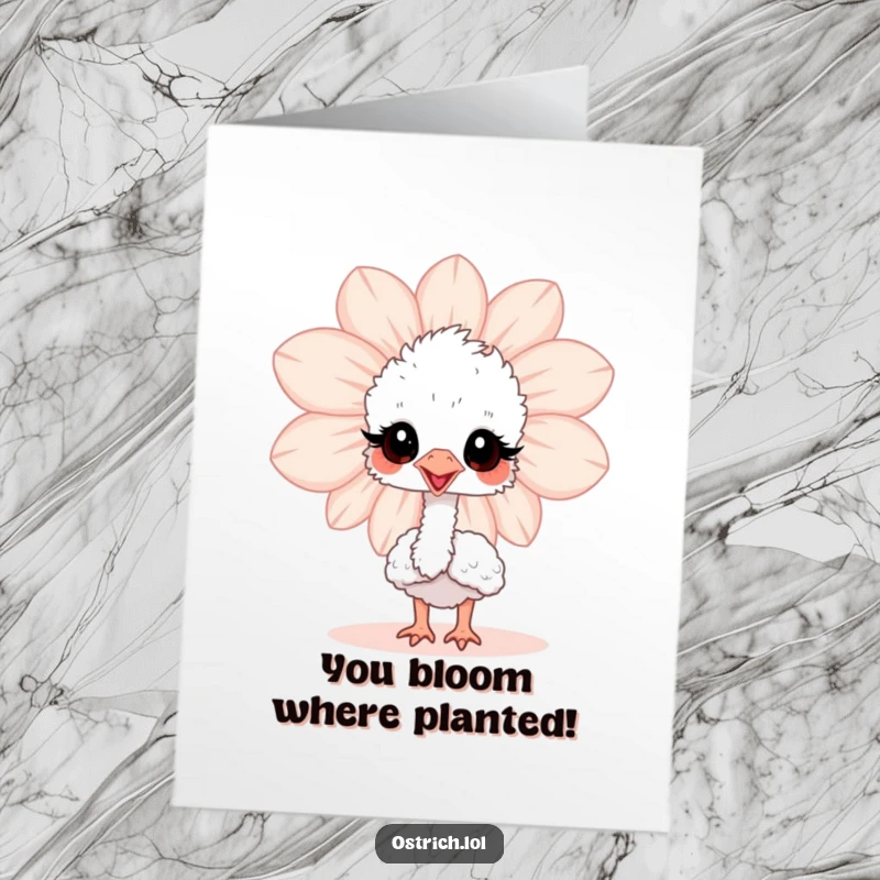 Funny Free Printable Congrats Card: Baby ostrich peeking shyly from behind a massive flower, offering congratulations.
