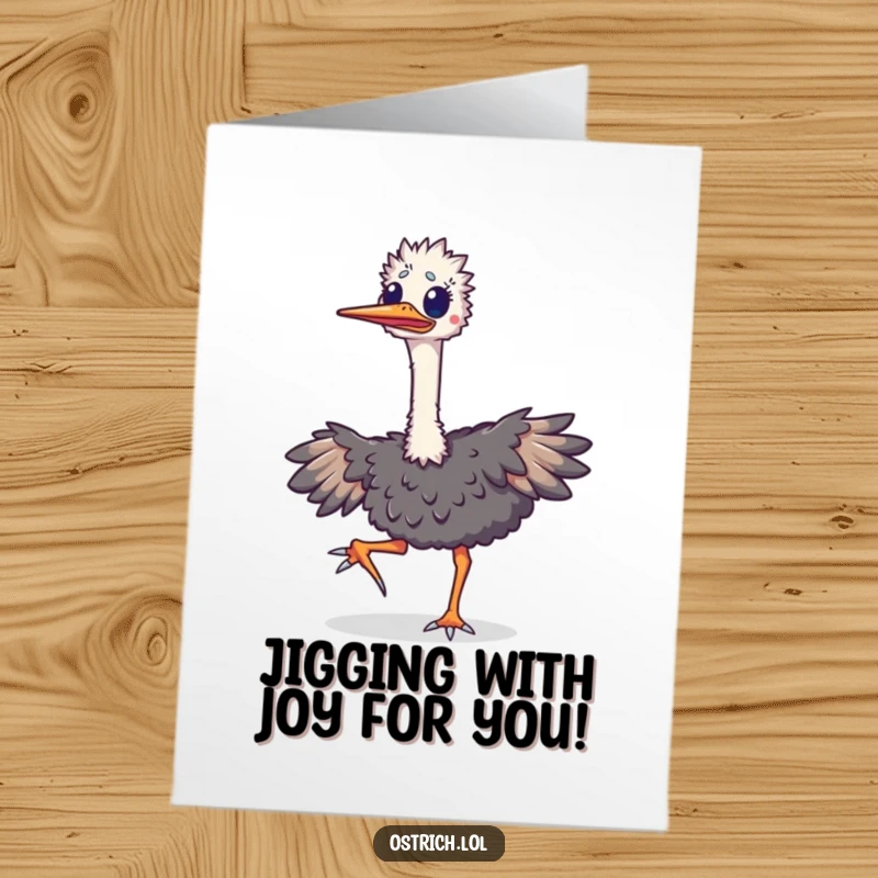 Funny Free Printable Congratulations Card: An overjoyed ostrich does a happy jig, celebrating a momentous occasion.