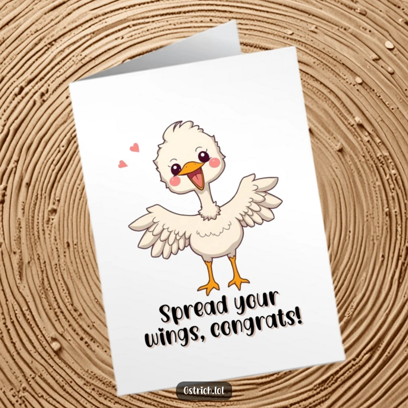 Funny Free Printable Congratulations Card: Joyful ostrich character enthusiastically flapping its tiny wings, celebrating success.