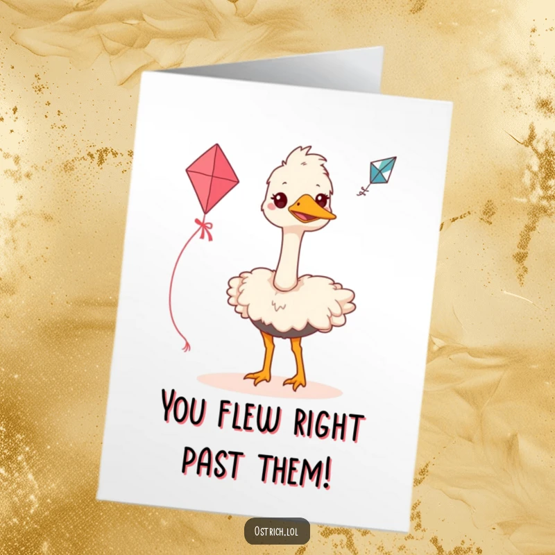 Funny Free Printable Congratulations Card: A happy ostrich attempts to fly a kite, symbolizing reaching new heights.