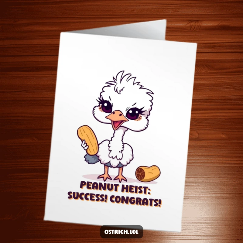 Funny Free Printable Congratulations Card featuring a sneaky ostrich eyeing a peanut, perfect for celebrating a successful endeavor.