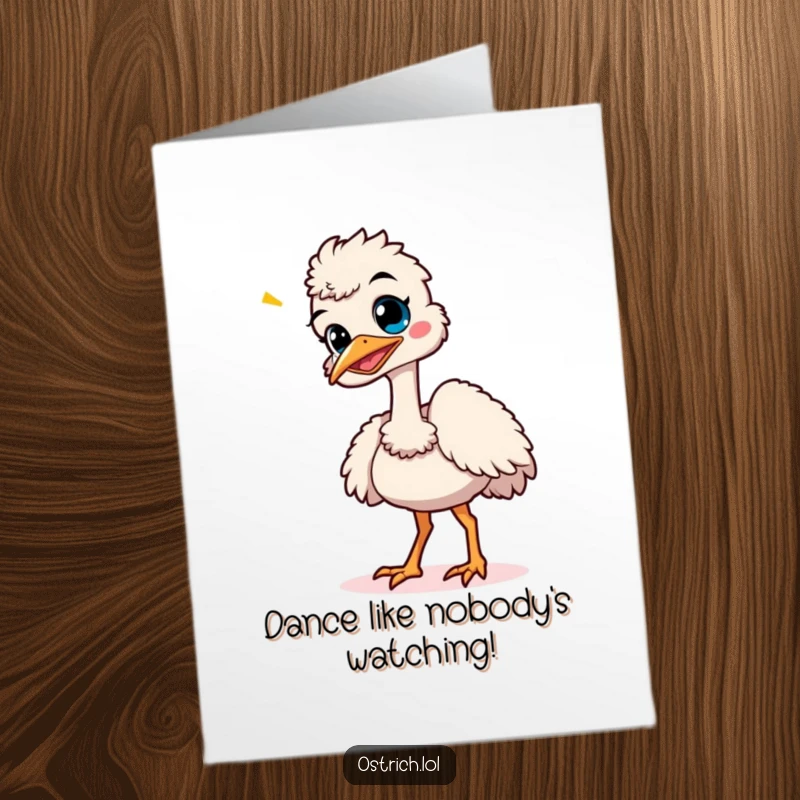 Free Printable Congratulations Card: A happy ostrich performs a funny, wobbly dance, celebrating success with pure joy.