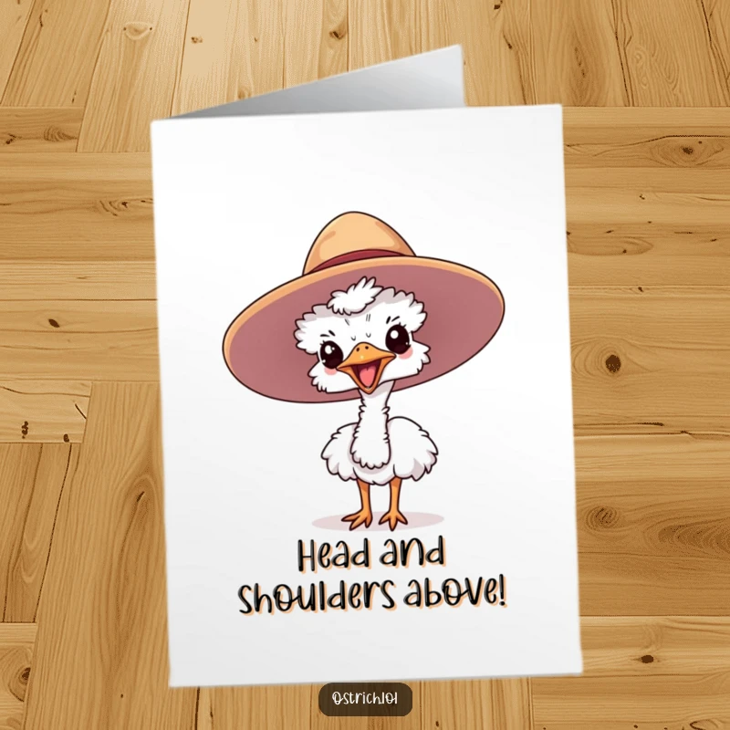 Free Printable Congratulations Card: A cute ostrich peeks from a large hat, celebrating a success with a joyful expression.