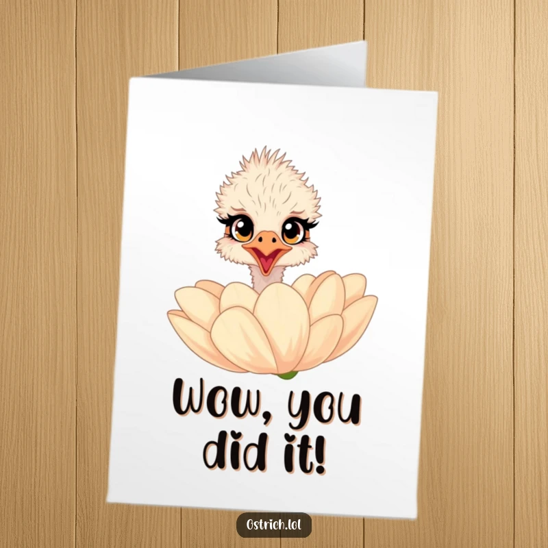 Free Printable Congratulations Card: A surprised ostrich peeks over a giant flower, marveling at someone's success.