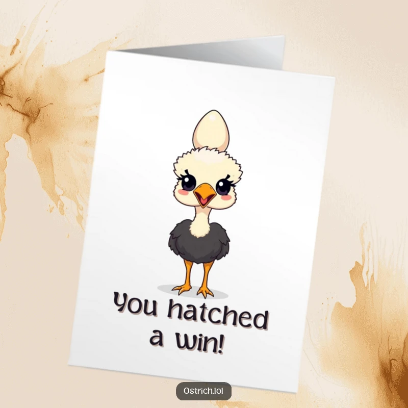 Funny Free Printable Congratulations Card: Ostrich skillfully balances an egg on its head, celebrating a grand achievement with a silly pose.