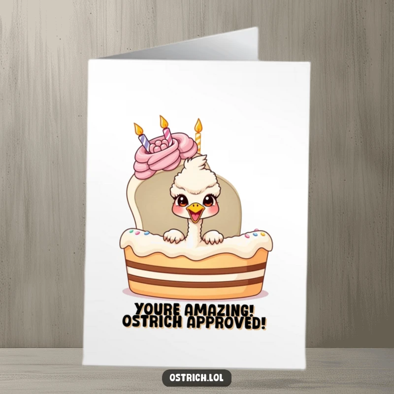 Funny free printable congratulations card with an ostrich character bursting out of a cake in excitement.