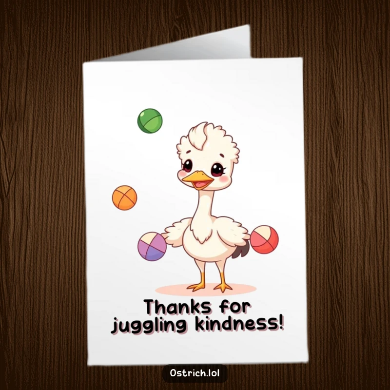 Funny free printable thank you card with a cheerful ostrich character juggling colorful balls, representing a skillful expression of thanks.