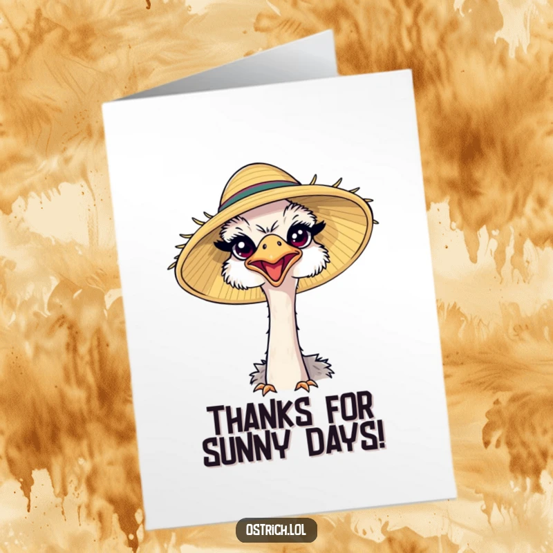 Funny Free Printable Thank You Card: Ostrich wearing a huge sun hat, squinting happily, offering thanks.