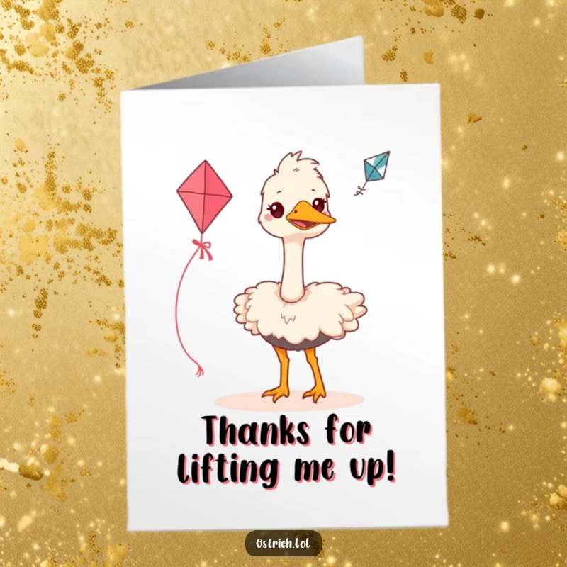 Funny Free Printable Thank You Card: A grinning ostrich happily struggles to fly a small kite, a symbol of effort.