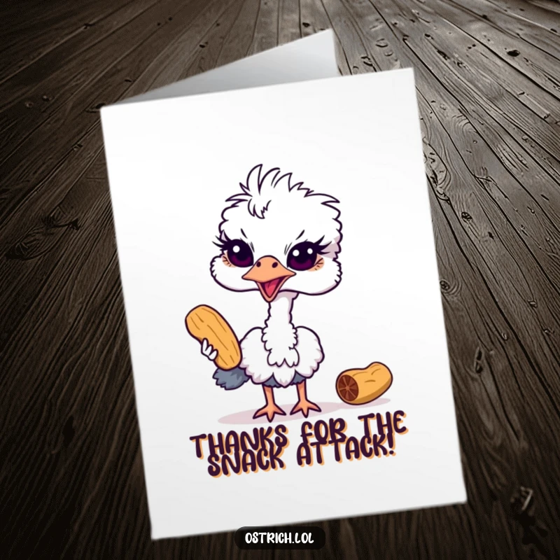 Funny Free Printable Thank You Card: A sneaky ostrich attempts to pilfer a tasty peanut, full of playful intent.
