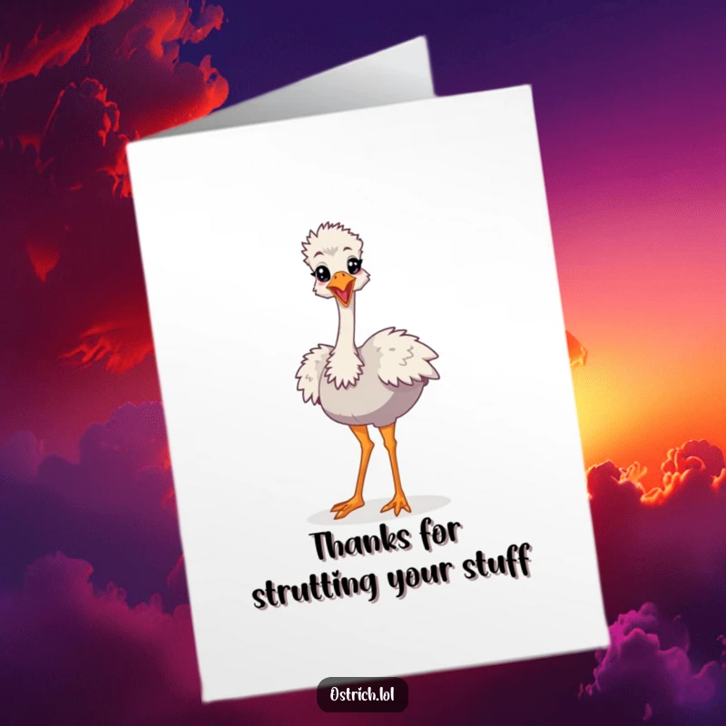Funny Free Printable Thank You Card: Cartoon ostrich character doing a silly strut. A charming, downloadable thank you note.