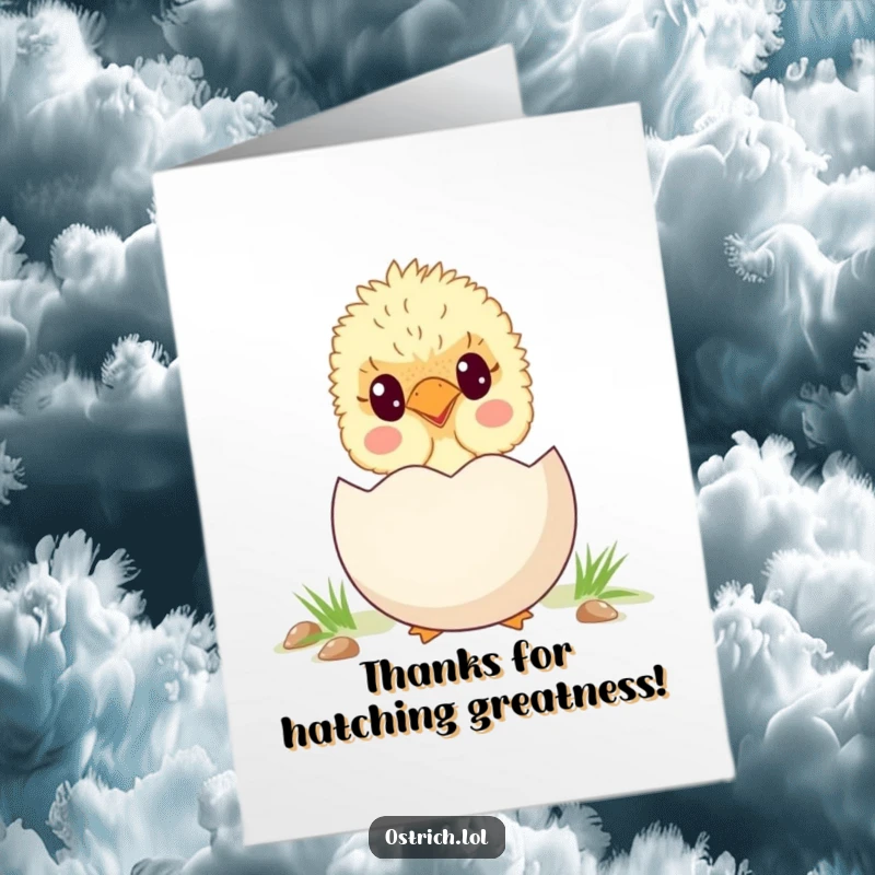 Cute Free Printable Thank You Card: A charming ostrich chick peeks from behind a big egg, offering a heartfelt thank you.