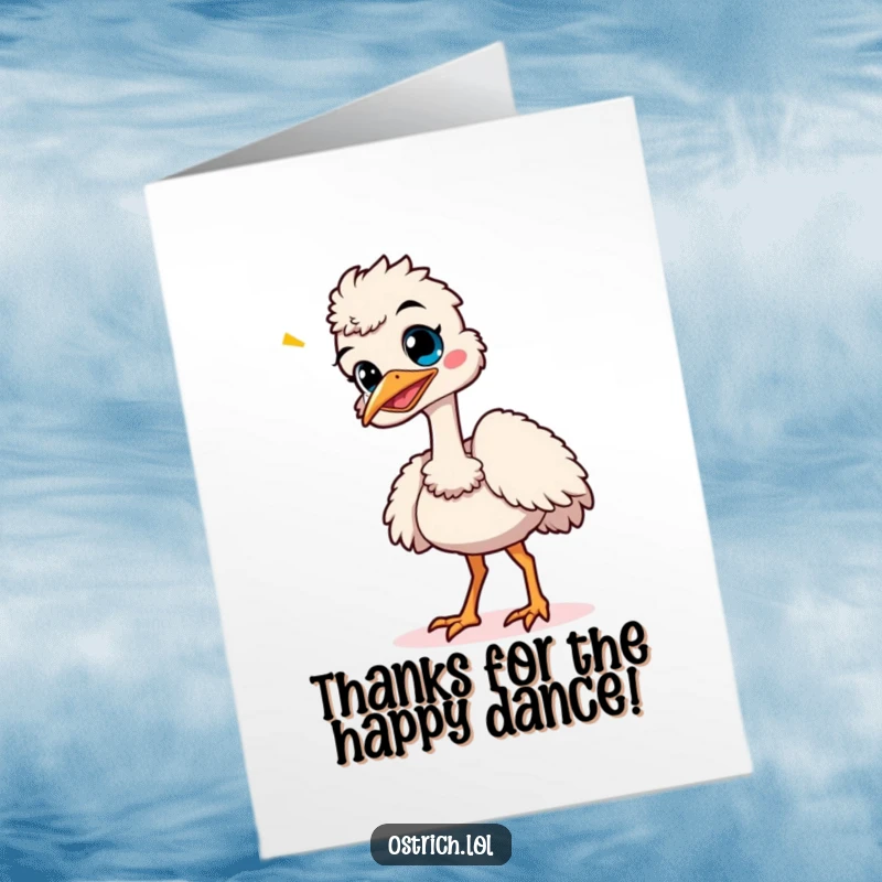 Funny Free Printable Thank You Card: A giggling ostrich is captured mid-wobbly dance, expressing thanks with energetic fun.