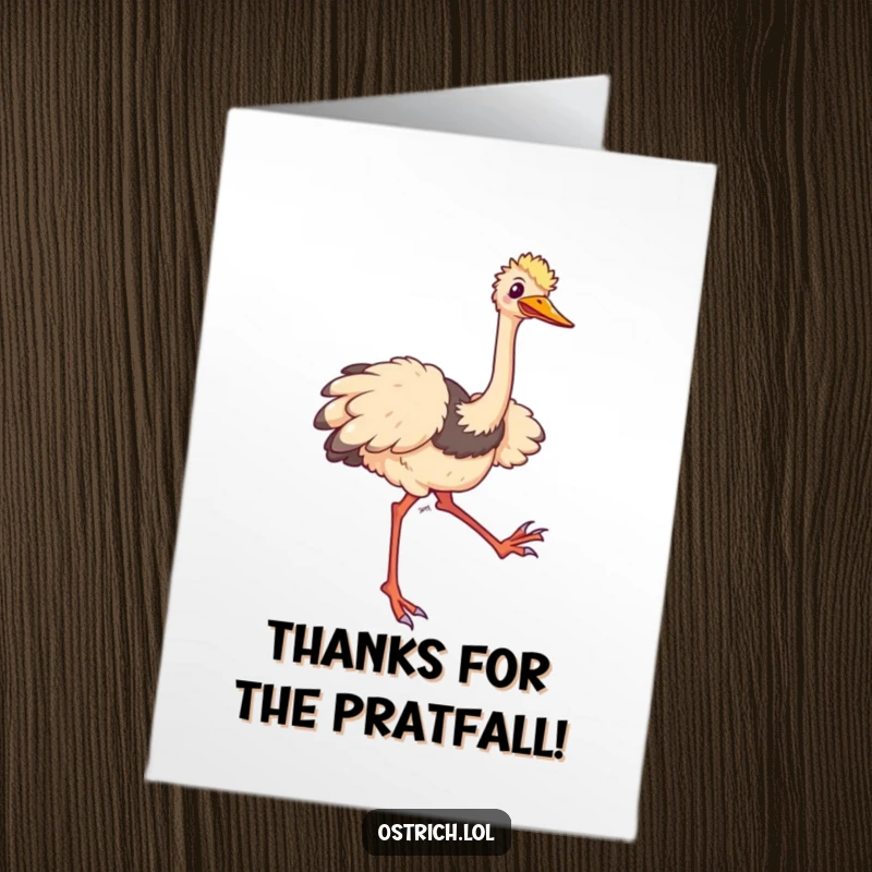Free Printable Thank You Card: A comical ostrich trips happily, its long legs flailing, while expressing thanks.