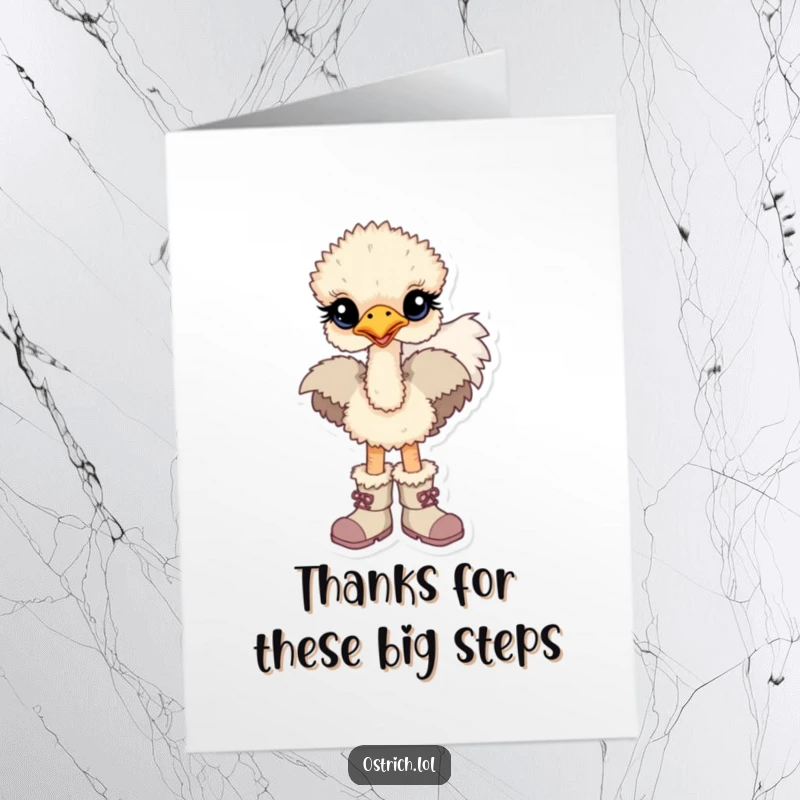 Funny Free Printable Thank You Card: A baby ostrich proudly parades in oversized boots, a charming and humorous way to express thanks.