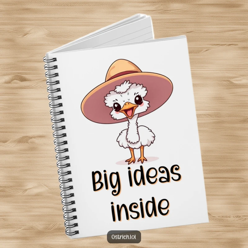 Funny ostrich notebook showing a cute character joyfully emerging from a large hat, perfect for writing notes.
