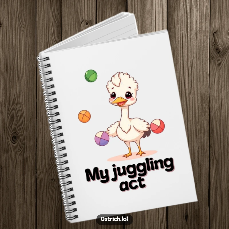 Funny cheerful ostrich juggling colorful balls on a notebook, a practical and humorous funny gift.