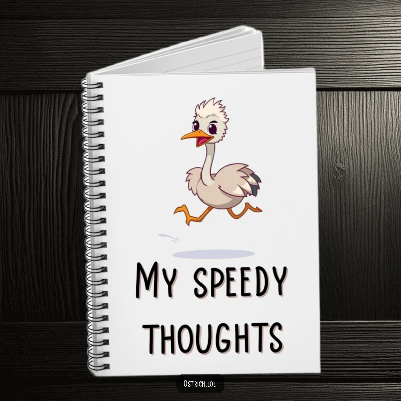 Funny notebook cover with an ostrich character in a blurred sprint, symbolizing quick thinking and the rapid flow of ideas.