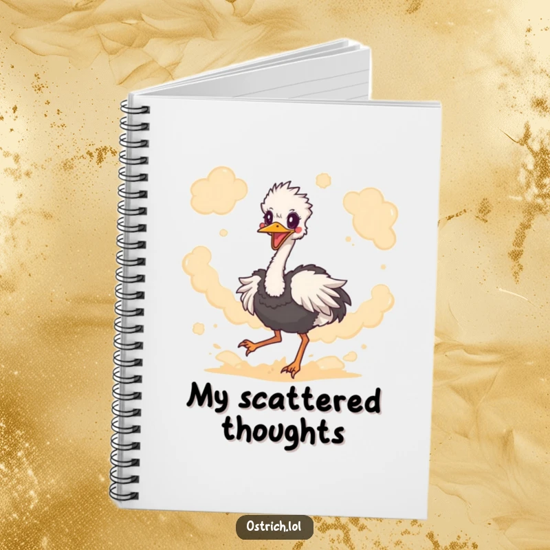 Funny ostrich character kicking up dust, depicted on the cover of a notebook, inspiring energetic writing and creative ideas.