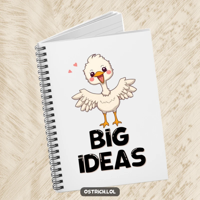 Funny notebook with a joyful ostrich character flapping its tiny wings with excitement, perfect for writing down happy thoughts.