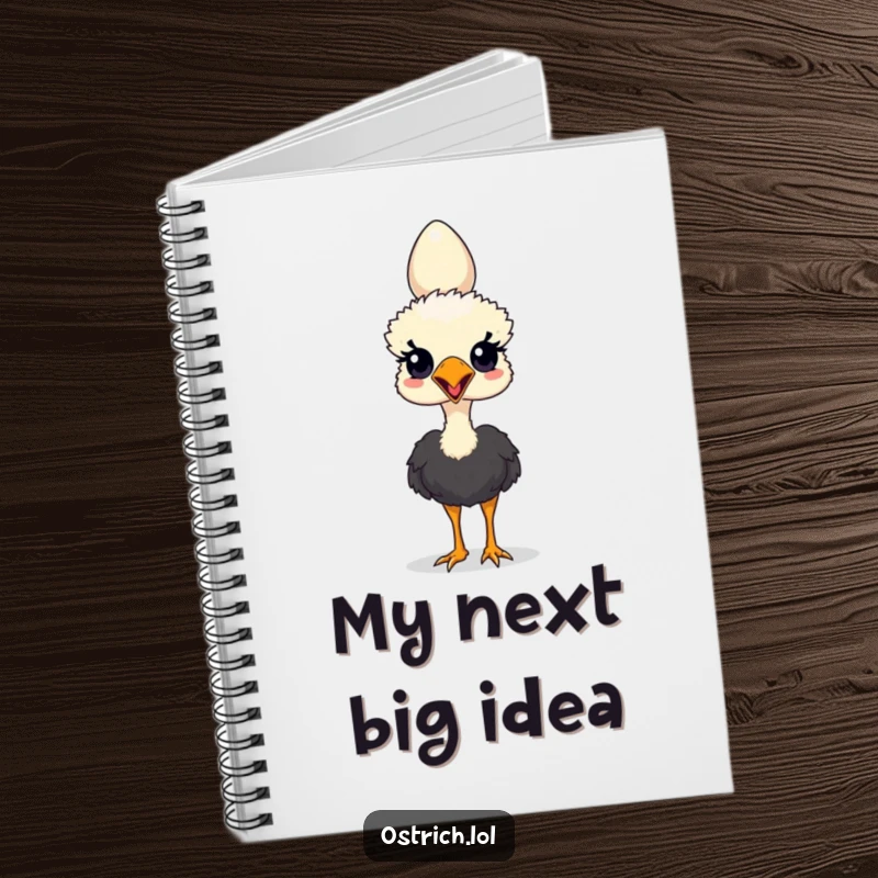 Funny notebook with an ostrich character balancing an egg on its head, promoting focus and creativity.