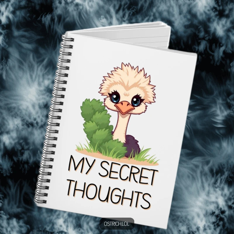 Funny Ostrich Peeking Notebook, a shy character peeking from behind a bush, inspiring secret notes and ideas.