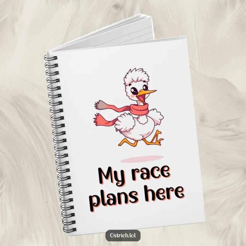 Funny ostrich running with a flowing scarf on a notebook, a practical and humorous funny gift.