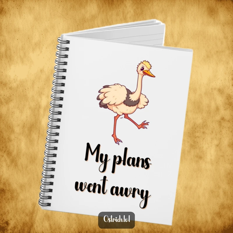 Funny ostrich notebook showing a comical character tripping and flailing its long legs happily, perfect for writing notes.