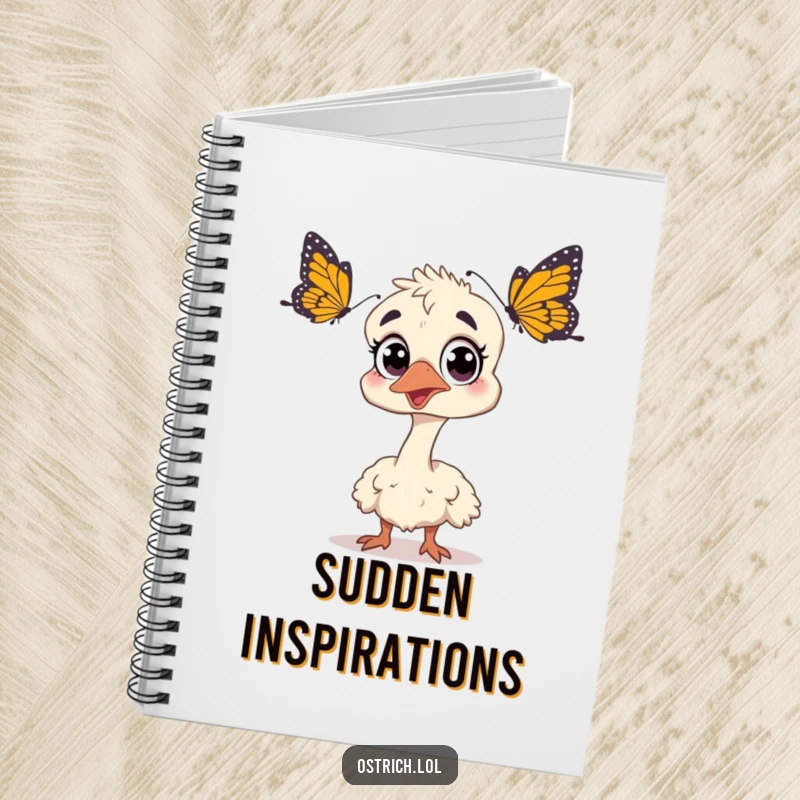 Funny ostrich illustration, wide-eyed and startled by a butterfly, on a notebook cover, prompting creativity and humor, perfect gift.