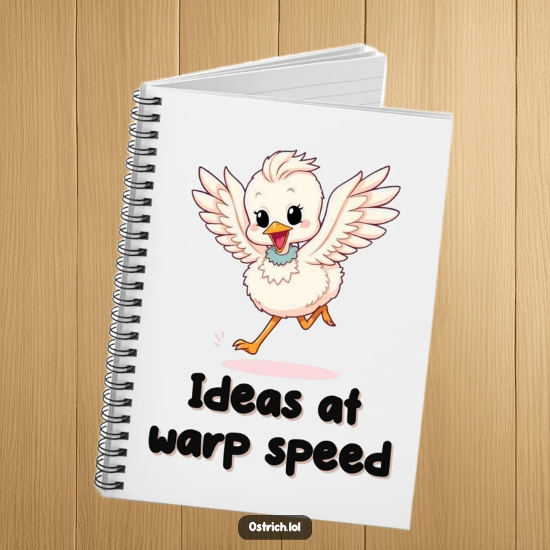 Funny notebook: A cute ostrich chick character running with wings flapping, ideal for notes and ideas.