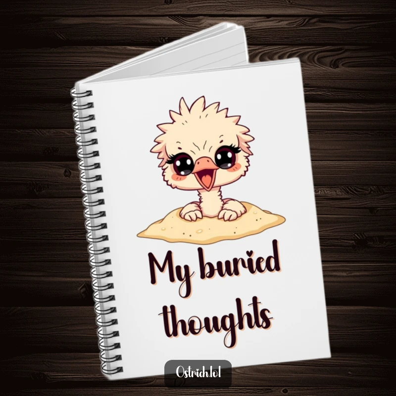Funny ostrich character with head buried in sand, eyes peeking out, printed on a humorous notebook cover for escape-themed journaling.