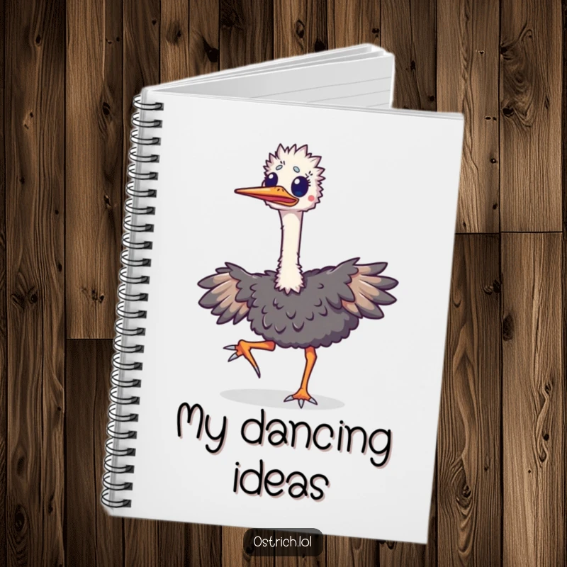 Funny ostrich notebook featuring an excited bird doing a happy jig, its long neck moving joyfully, perfect for documenting ideas with flair.