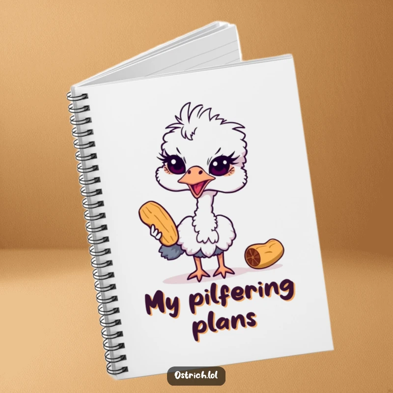 Funny ostrich notebook featuring a mischievous bird attempting to steal a peanut, perfect for documenting thoughts with a playful twist.
