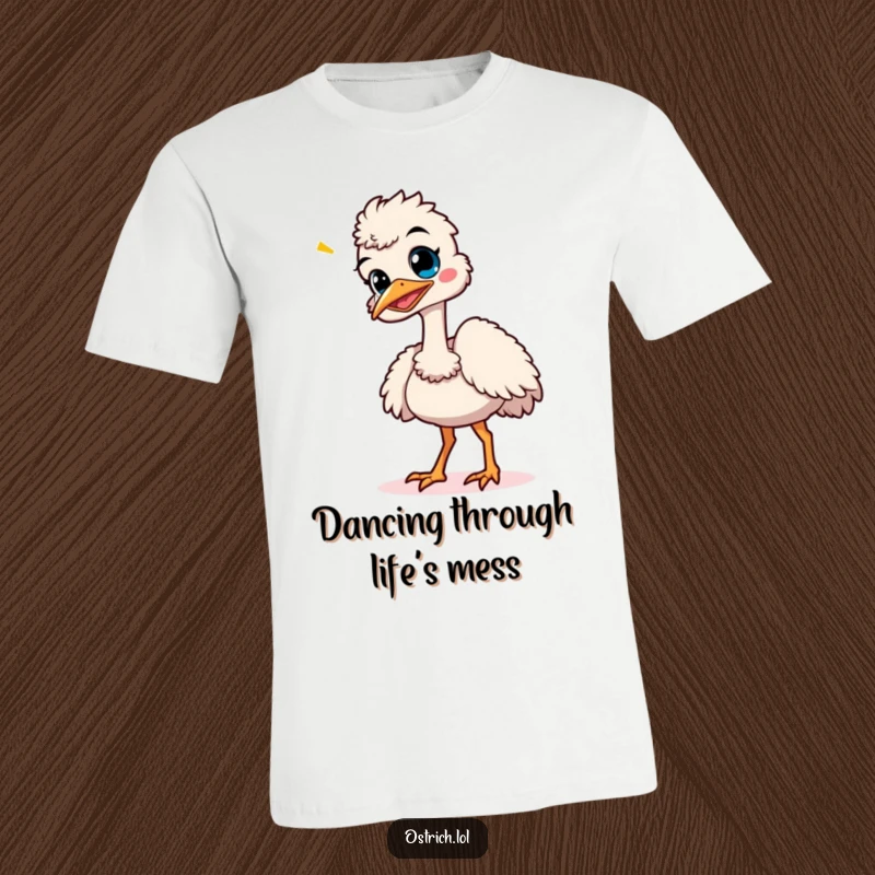 Funny happy ostrich giggling while performing a silly, wobbly dance, printed on a fun and humorous t-shirt.