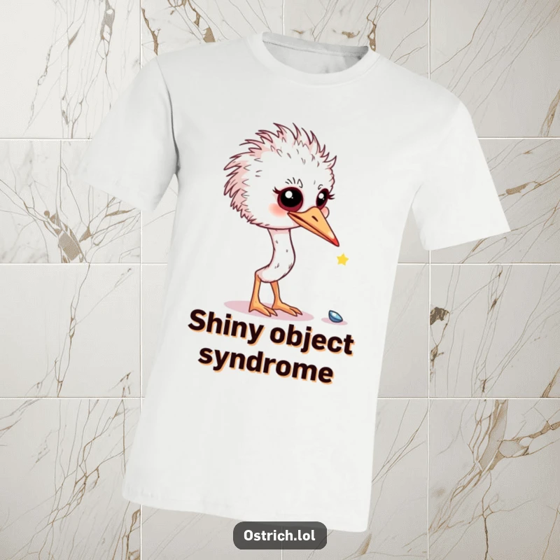Funny curious ostrich examining a small shiny object on a t-shirt, a whimsical and humorous design, perfect funny gift.