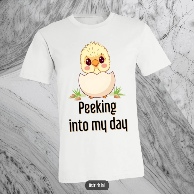 Funny, adorable ostrich chick peeking from behind a large egg, featured on a soft and humorous t-shirt.