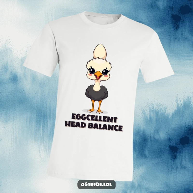 Funny t-shirt showcasing an ostrich character in mid-balance, precariously holding an egg atop its head with a comical look.