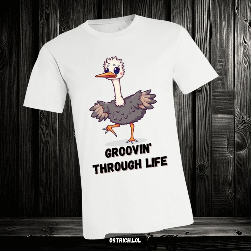 Funny ostrich t-shirt showcasing an excited bird performing a happy jig, its long neck extended in a display of pure, silly delight.
