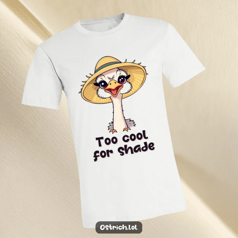 Funny ostrich wearing a comically large sun hat, squinting happily on a t-shirt, embodying carefree joy and summer fun.