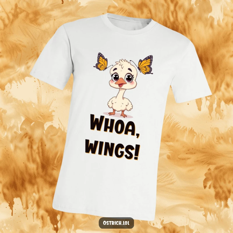 Funny ostrich with wide eyes, dramatically surprised by a fluttering butterfly on a t-shirt, conveying pure shock and humor, ideal gift.
