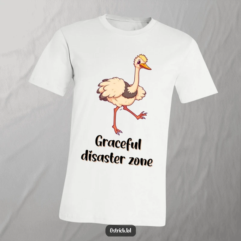Funny ostrich T-Shirt featuring a comical character tripping and flailing its long legs happily, expressing clumsy joy.