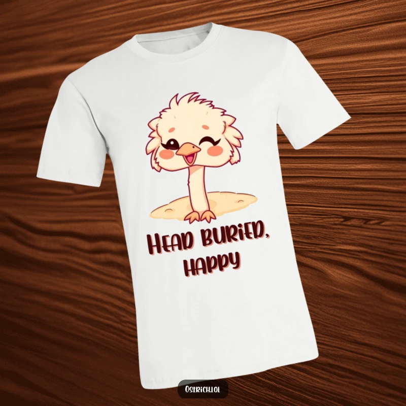 Funny Ostrich Head in Sand T-Shirt, a character giggling while its head is buried, embracing denial humor.