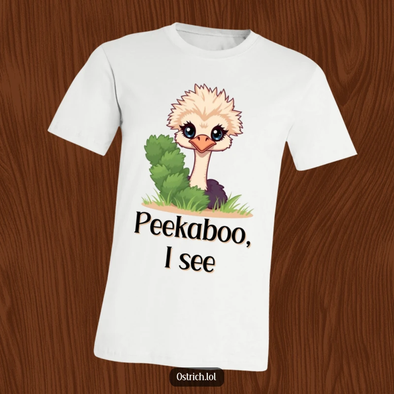 Funny Ostrich Peeking T-Shirt, a comical character with wide eyes peeking mischievously from behind a leafy bush.