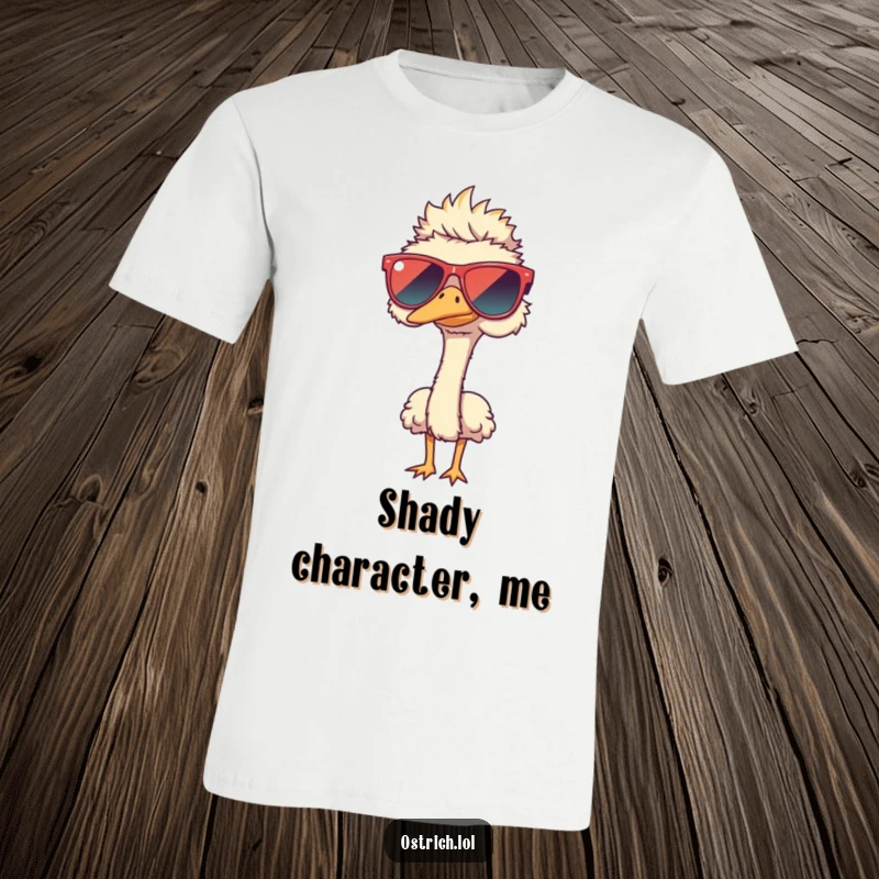 Funny ostrich trying to wear ridiculously oversized sunglasses on a t-shirt, a humorous and stylish funny gift.