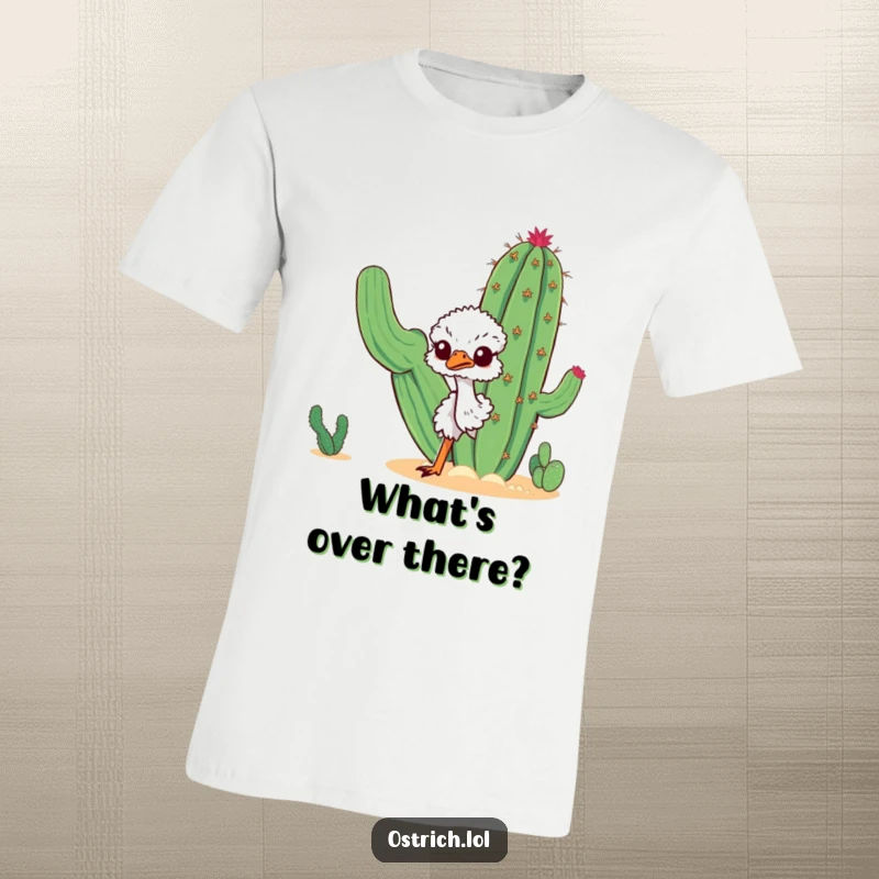 Funny curious ostrich peeking around a large desert cactus, with its head visible and a sense of intrigue, ideal for a funny tee.