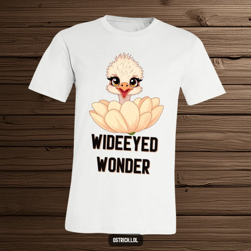 Funny ostrich T-Shirt featuring a surprised character with wide eyes peeking over a giant flower, showcasing curiosity.